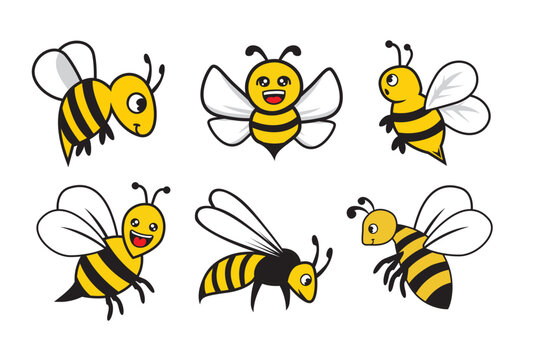 Vector set of cartoon bees. Isolated on a white background.