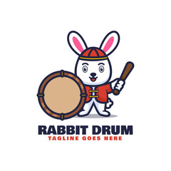 Vector Logo Illustration Rabbit Drum Mascot Cartoon Style.