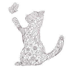black line art cat flower butterfly