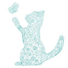 line art cat flower and butterfly