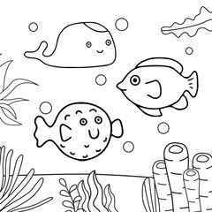 Fish coloring book for children, sea animal coloring book