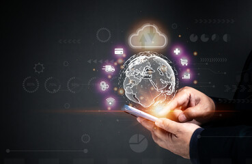 The concept of using cloud storage Various data collection, big data through cloud computing, working online using a global network, medical, engineering, industry, finance, business.