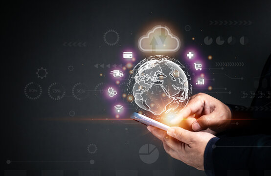 The concept of using cloud storage Various data collection, big data through cloud computing, working online using a global network, medical, engineering, industry, finance, business.