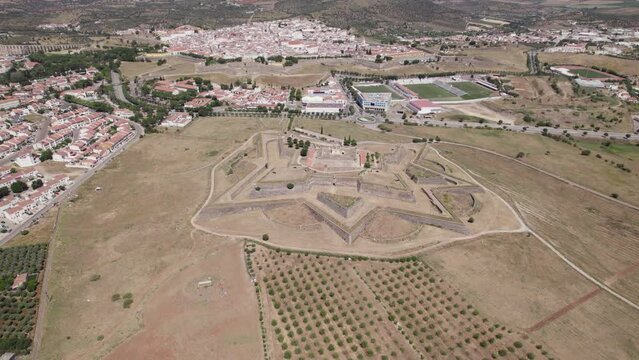 Fascinating old star-shaped fortress of Santa Luzia, aerial. Elvas, Portugal