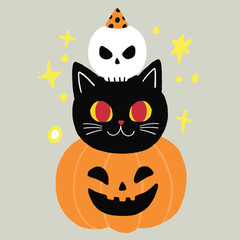 Cute cartoon cat and pumpkin Halloween doodle element.