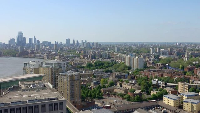 From Canary wharf financial district down the Thames towards central London Skyline