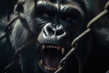 Aggressive screaming big monkey behind bars cage, portrait of an angry gorilla behind iron mesh. Generative AI animal illustration - obrazy, fototapety, plakaty