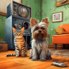 A yorkshire terrier and a gray cat sprawled out on the floor of a TV rooma yorkshire terrier and a gray cat sprawled out on the floor of a TV room Generative AI