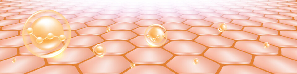 Hyaluronic acid hair and skin solutions ad, gold collagen serum drop over skin cells with cosmetic advertising background ready to use, illustration vector.	