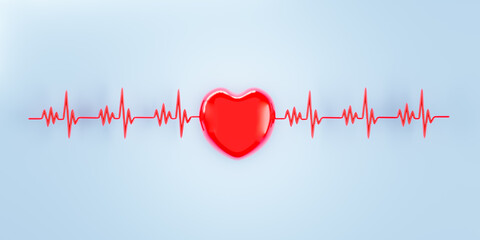 3d render red heart with pulse on blue background