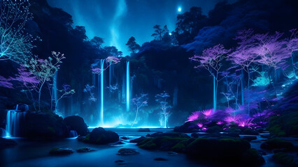 A captivating background image that portrays the seamless fusion of technology and nature. Glowing bioluminescent flora, shimmering waterfalls, and a serene sky created with Generative AI Tools