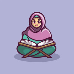 cute muslim reading quran cartoon