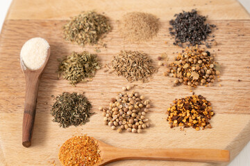 Assorted spices on a wooden board