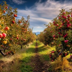 Fototapeta na wymiar Colorful Apple Orchard Breathtaking Photograph during Autumn Season