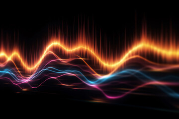 Audio waveform abstract technology background, blue and purple abstract wireframe illustration of sound waves, visualization of frequency signal audio wavelength