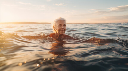 Senior woman swimming in the Sea/Ocean - enjoying active retirement, having fun, taking care of himself, staying fit Generative AI
