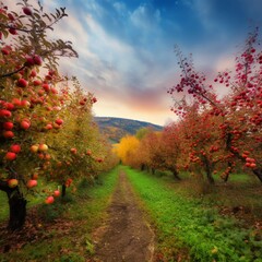 Fototapeta na wymiar Colorful Apple Orchard Breathtaking Photograph during Autumn Season