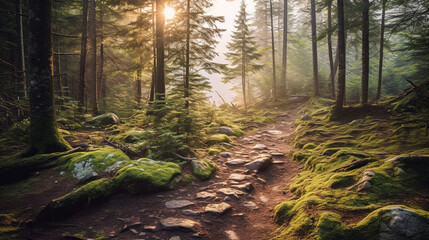 Fototapeta premium Generative AI, Enchanted Pathways: Unveiling the Mystery and Adventure of Forest Trails