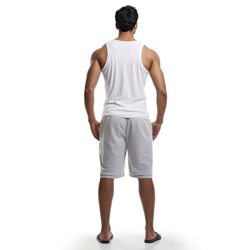 a man in a white tank top on his back