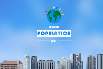 Building in blur blue sky background with world and human icon and word of World Population day. 