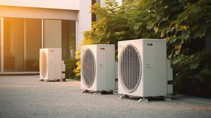 A group of outdoor air conditioner units installed on the ground in the backyard of a building Generative AI