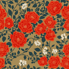 Floral Seamless Pattern of Red Flowers and Dark Green Leaves on Flaxen Backdrop in Chinoiserie Style. Hand Drawn Art, Wallpaper Design for Textile, Paper, Print, Fashion Backgrounds, Beauty Products