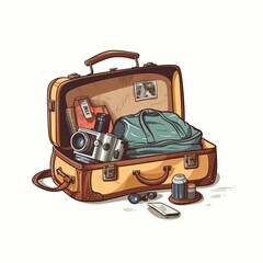 Exciting Journey. Bag Packed with Clothes, Camera, and Passports generative ai