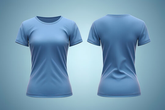 Blue female t-shirt realistic mockup set from front and back view, blank textile print design template for fashion apparel. Created with Generative AI Technology