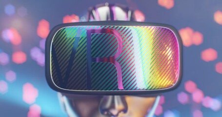 VR googles headset on a robo-girl , Cybernetic Technology artificial intelligence wihin digital...