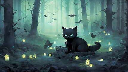 A cute black cat drawn in a mystical and magical forest interacting with a dead cats ghost drawn in a kawaii style Generative AI