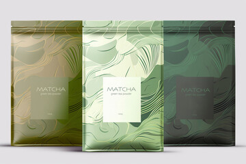  Generative AI. Matcha green tea powder vector realistic. Product placement mock up healthy drink label design. Premium Coffee Packaging Mock up Bag and a cup of matcha green tea latte 