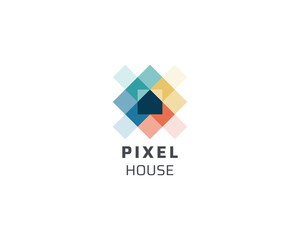 Simple modern flat colorful pixel house logo