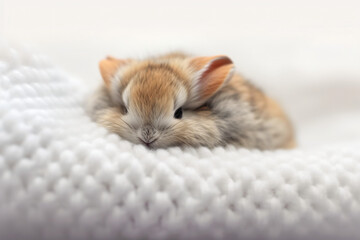 Fototapeta na wymiar score Pygmy Rabbit sleeps on a white blanket