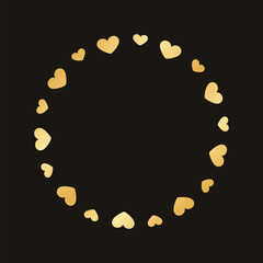Golden round frame made with heart pattern. Gold Valentines Day Border Template, elegant wedding invitation card vector illustration