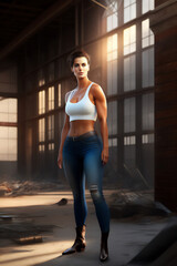 Fototapeta na wymiar A beautiful brunette in skintight clothing in an abandoned shed. Generative AI_9.