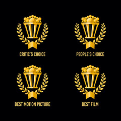 Best feature film motion picture nomination winner gold and black vector emblem. People and critic choice movie award icon set with popcorn and laurel wreath