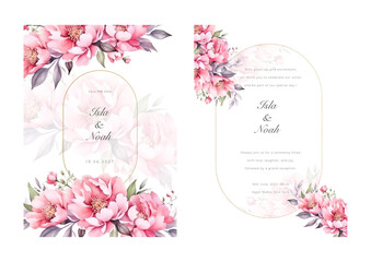 wedding invitation with watercolor pink roses. Beautiful wedding invitation card.