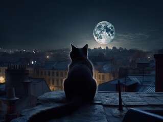 black cat on top of the roof of a house on a full moon night, Generative AI