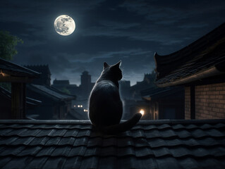 black cat on top of the roof of a house on a full moon night, Generative AI