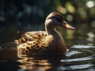 closeup on a duck swimming in a pond, Generative AI