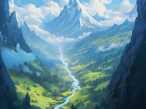Mountain landscape with green hills, sandy road and natural valley. Vector picturesque place background, spring or summer nature, blue sky, Generative Ai