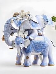 series of delicate porcelain sculptures featuring a family of elephants, embellished with intricate floral motifs reminiscent of traditional Chinese ceramics. Generative Ai

