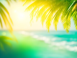 Fototapeta na wymiar Blur tropical beach with bokeh sun light wave and palm tree on copy space empty old wood table abstract background. Product presentation in nature. Vintage tone filter effect color style