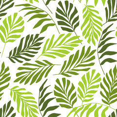 Fototapeta na wymiar Floral vector seamless pattern. Green tropical leaves on a white background. Summer season. Nature and plants. For fabric prints, textiles, beachwear.