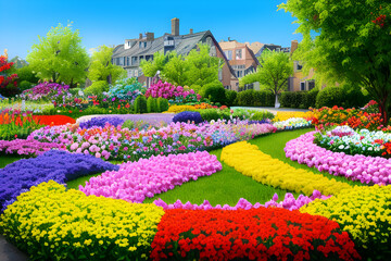 colorful landscape depicting a flowerbed in full bloom - obrazy, fototapety, plakaty