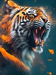 Digital collage fusing elements of a roaring tiger with abstract expressionism, conveying raw energy and emotion. Generative Ai

