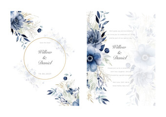 Wedding invitation with floral ornament and blue frame