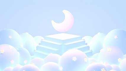 3d rendered pastel stairs surround by clouds with crescent moon in the sky.