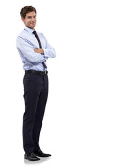 Business man, arms crossed and portrait with corporate confidence and success. Male employee, happy and professional isolated on a transparent, png background ready for working with trendy job style