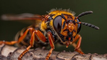Close up photo of a bee on a tree branch